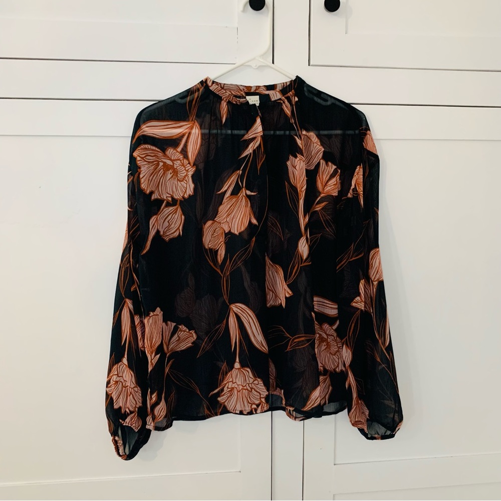 A New Day Green/Pink Sheer Floral Button Shirt Size Small